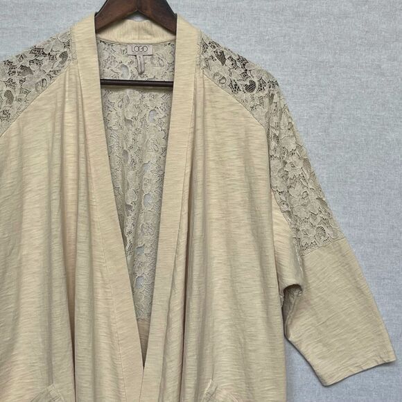 Logo by Lori Goldstein Open Cardigan Women M/L Beige Lace Detail Pockets D16 - Picture 4 of 12
